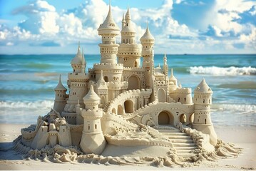 Fototapeta na wymiar Stunning high resolution photograph of a fabulously beautiful sand castle, original work by the artist on the city beach.
