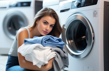 Mature woman loading clothes in washing machine. Young woman taking laundry out of washing machine at home. The concept of caring for things, cleaning and hygiene.