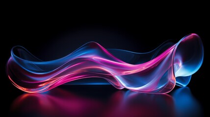 A flowing wavy shiny transparent glass object with a black background, A wave of glass with colorful light reflections and a black background