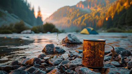sunshine mountain river spruce tent photo metall mug - 753238413