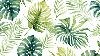 Watercolor seamless pattern with tropical leaves pal - obrazy, fototapety, plakaty