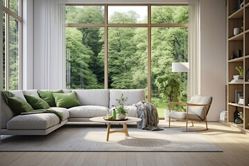 bright airy room interior in scandy nordic natural style decorated with fresh plants, green natural view from the windows - obrazy, fototapety, plakaty