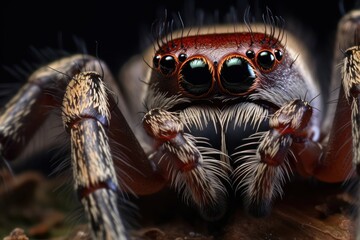 jumping spider close up on black background, macro. Wildlife Concept with Copy Space. 