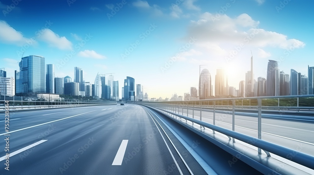 Poster motion blur of a highway overpass against a city skyline background is depicted in a 3d rendering of