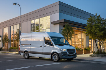 White delivery van parked at a shopping center. Urban logistics.