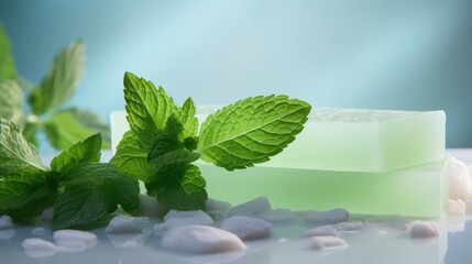 Mint soap. Handmade soap. Natural herbal cosmetics with mint leaves. The concept of relaxation. Cosmetic procedures.