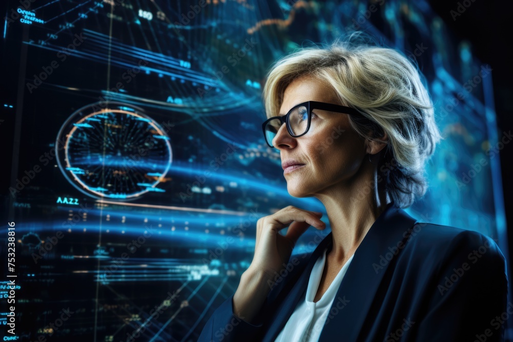 Poster tech analyst study cyber data chart from corporate system for statistical analytic defining marketin