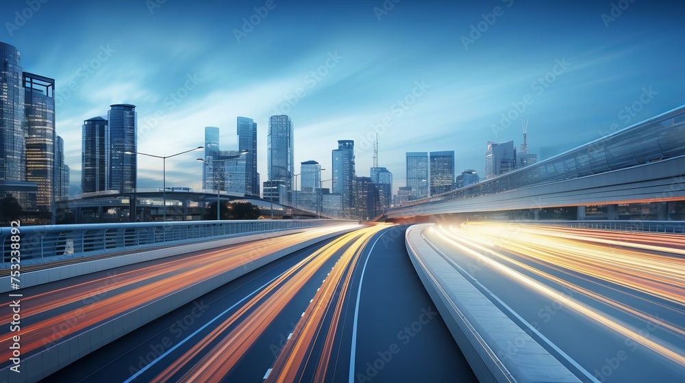 Poster motion blur of a highway overpass against a city skyline background is depicted in a 3d rendering of