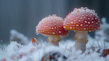 a couple of mushrooms sitting on top of a pile of grass covered in snow covered grass with drops of water on them.