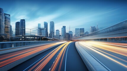 Fototapeta na wymiar Motion blur of a highway overpass against a city skyline background is depicted in a 3D rendering of an early morning scene.