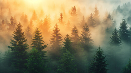 Sunlight filters through the golden mist of a pine forest