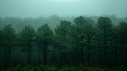A mystical pine forest shrouded in thick mist