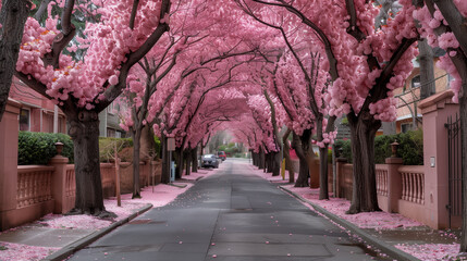 A road winds through a vibrant landscape of pink flowering trees in springtime