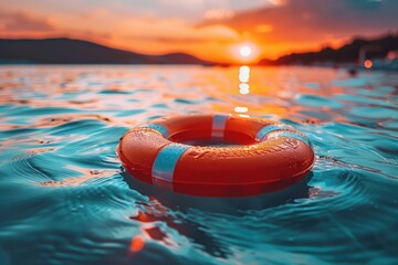 Sunset. A lifebuoy floating on open sea symbolizing rescue, safety and hope concept - obrazy, fototapety, plakaty