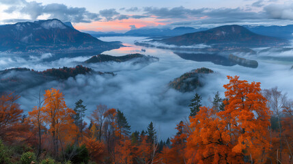 A breathtaking autumn landscape unfolds below, with a majestic mountain shrouded in mist