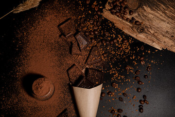 bag of kraft paper and chocolate, coffee grains and cocoa powder. Composition for kitchen decor