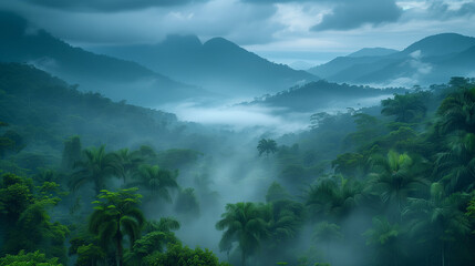 A misty jungle with lush vegetation