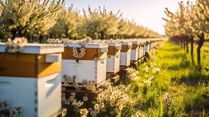Set against a backdrop of blooming flowers and an orchard, a line of bee hives stands, immersed in the picturesque beauty of the countryside.