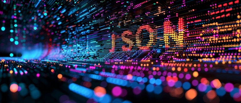 an illustration of Binary code streams shaping the letters JSON with dynamic web elements
