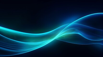 Azure blue green light effect, curve shape neon speed motion. Futuristic illustration in cyberpunk style light trail vector, slow shutter, night city. Color swirl power waves flow. Electric trail