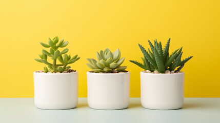 Beautiful green house plant decorative on white pot. Three Succulent on the yellow background. 