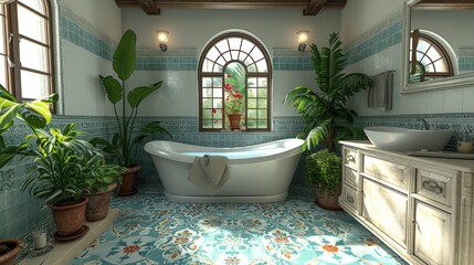 Fototapeta na wymiar a bath room with a bath tub a sink and a potted plant next to a window and a sink.