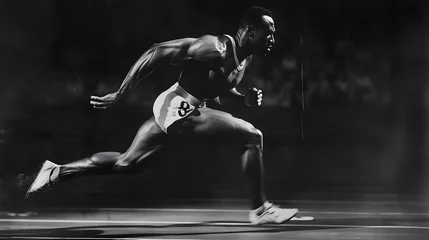 Fototapete Determined male black sprinter during indoor track competition. Focus and determination concept. Design for sports inspiration, athletic training, high-performance © Ekaterina