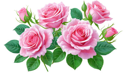 beautiful pink roses in full bloom, with soft petals and green leaves isolated on whitebackground