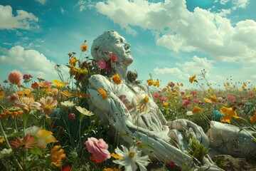A surreal scene depicting a field of vibrant flowers blooming around a broken human sculpture, symbolizing life emerging from adversity