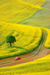 toscana countryside  fields, a small red car on a narrow road - 753240073