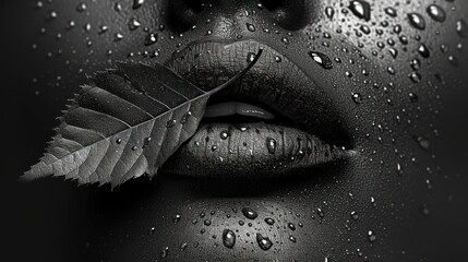 a black and white photo of a woman's lips with a leaf sticking out of it's lip.