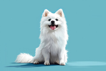 White spitz watercolor portrait painting. Illustrated dog puppy, isolated on blue background.