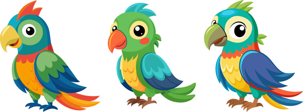 3 set of cute colorful parrot bards element vector flat illustration in transparent background