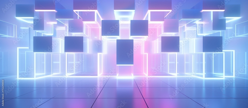Poster abstract interior design with white cube array and neon lights