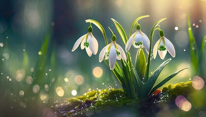 Snowdrop flowers are the heralds of spring and the beautiful flowers of nature. - obrazy, fototapety, plakaty