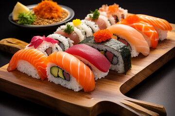 Vibrant Sushi Selection with Garnishes