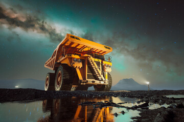 Industrial Mining Dump Truck Illuminated Under Starry Night Sky © Dabarti