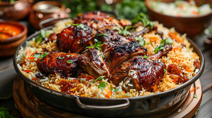 mandi feast with tender roasted meat and fragrant rice - obrazy, fototapety, plakaty