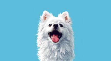Cute white spitz watercolor portrait painting. Illustrated dog puppy, isolated on blue background.