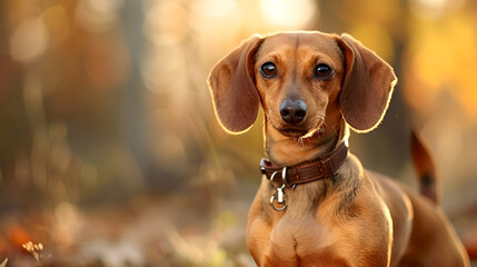 proud brown dachshund pet with collar standing facing the camera with brown blurred forest in the background - obrazy, fototapety, plakaty