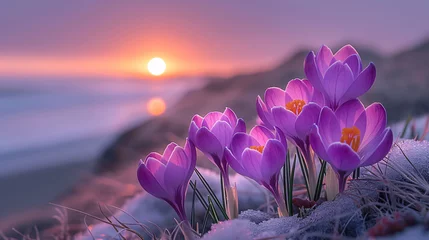 Deurstickers Fresh purple crocus flowers growing in spring morning at sunrise, closeup © Muhammad