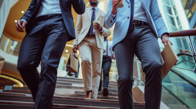 People in classic suits walk down the stairs carrying documents and paper cups with coffee. Startup, negotiations, break, coffee break.
