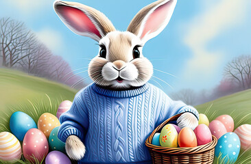 white easter rabbit wearing a blue sweater holding a basket with eggs, yellow tulips in the background, easter banner or postcard