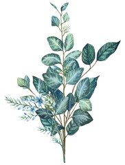 Greenery arrangement made of branches and herb leaves. Hand-drawn watercolor isolated bouquet of lush green foliage.