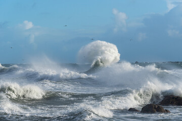 ans une mer agitée, le ressac de l'Atlantique rugit dans le Finistère sud, un spectacle naturel...