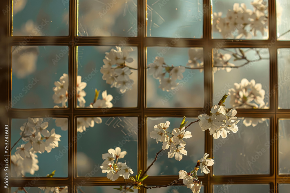 Aufkleber a lattice window frames a glimpse of cherry blossoms. the delicate petals flutter against a backdrop