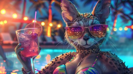 A whimsical portrayal of a cat wearing sunglasses while enjoying a tropical drink at a vibrant pool party scene.