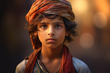 Afghan little boy wearing a turban and shawl at night