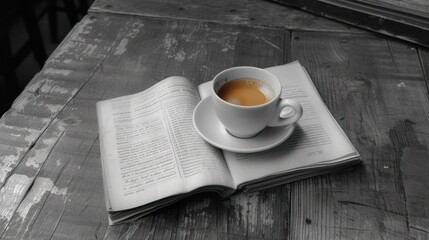 a cup of coffee sitting on top of a book next to a cup of coffee on top of a wooden table.