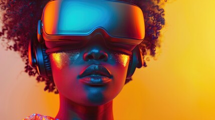 Immersive VR Experience: Reflective Headset and Colorful Lighting